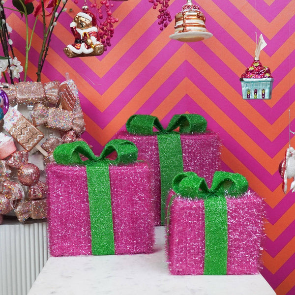 Cadeau de Noël à LED - S3 - Polystyrène - Rose/Vert - 15/20/25cm