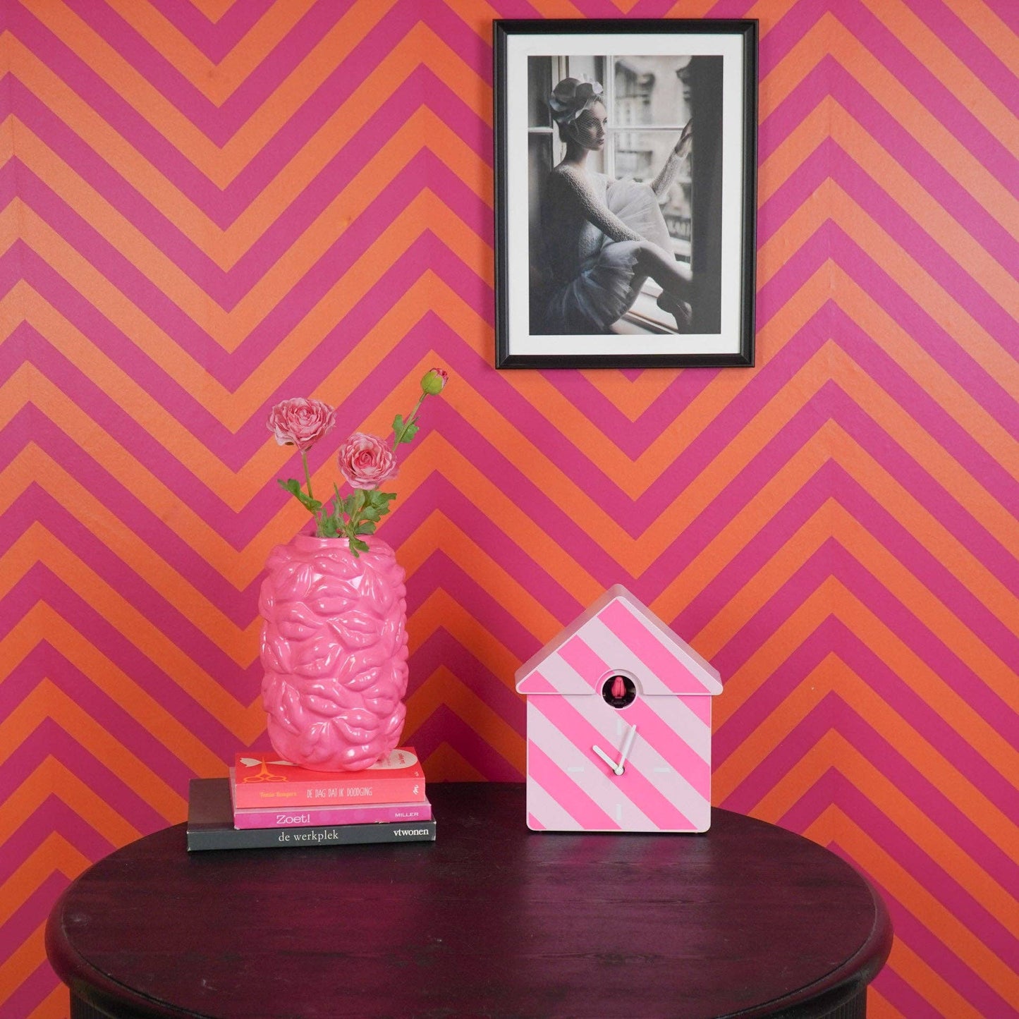 Clock - Cuckoo wall clock - Striped/Pink pattern - 24x27x9cm