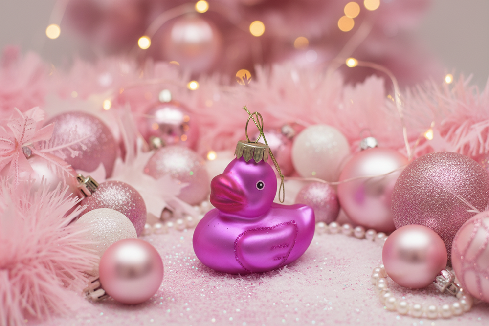 Bola navideña con forma de pato de baño rosa