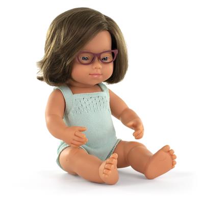 ML Poupées: POUPÉE FILLE EUROPÉENNE SYNDROME de DOWN et LUNETTES 38cm, avec barboteuse turqoise, parfumée vanille, imperméable, poupée sexuée, en résine, en boîte cadeau. Made in Spain, 3+