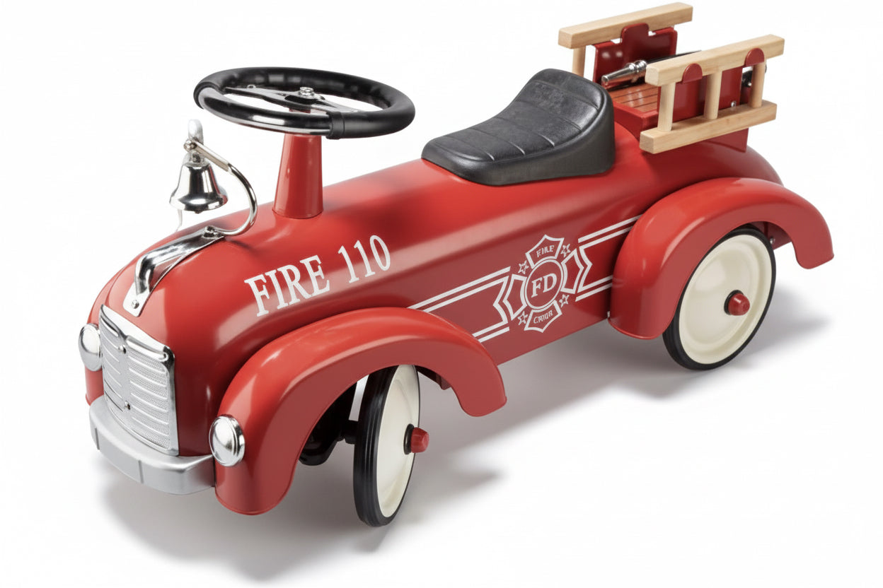 Trotteur: VOITURE de POMPIERS 75x24,5x34,5cm, rouge, en métal et plastique, 1+