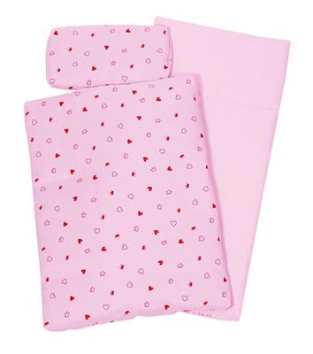 Lit de poupée: LITERIE ROSE avec des COEURS, 3 pièces, couette 41x31cm, oreiller 22x10cm et matelas 54x25cm, 3+