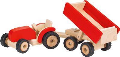 Véhicule en bois: TRACTEUR avec REMORQUE 52x14,5x14cm, rouge, avec des pneus en caoutchouc, Made in Europe, 3+