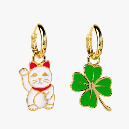 Hoop Earrings - Lucky Cat and Clover