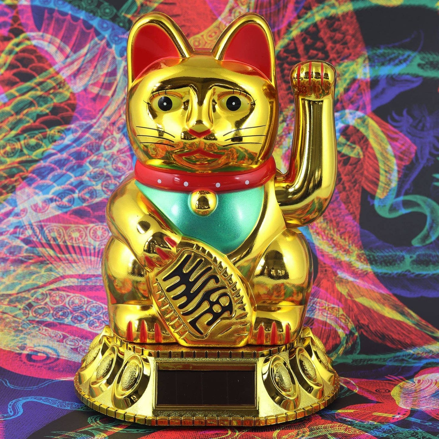 Chat chanceux solaire doré 18cm