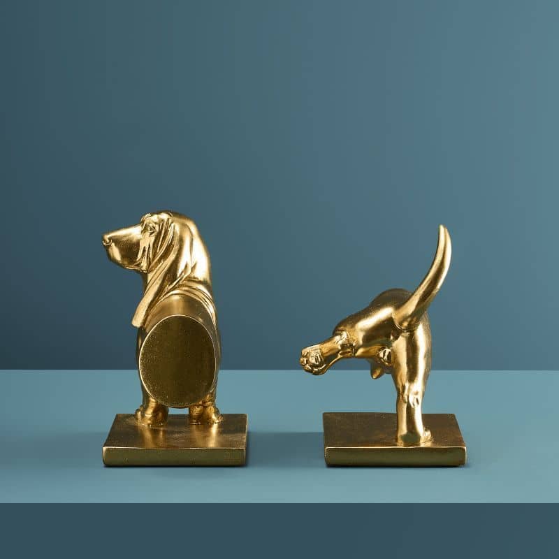 Conjunto de 2 suportes para livros em formato de dachshund, dourados, 27,5 x 14 x 20 cm