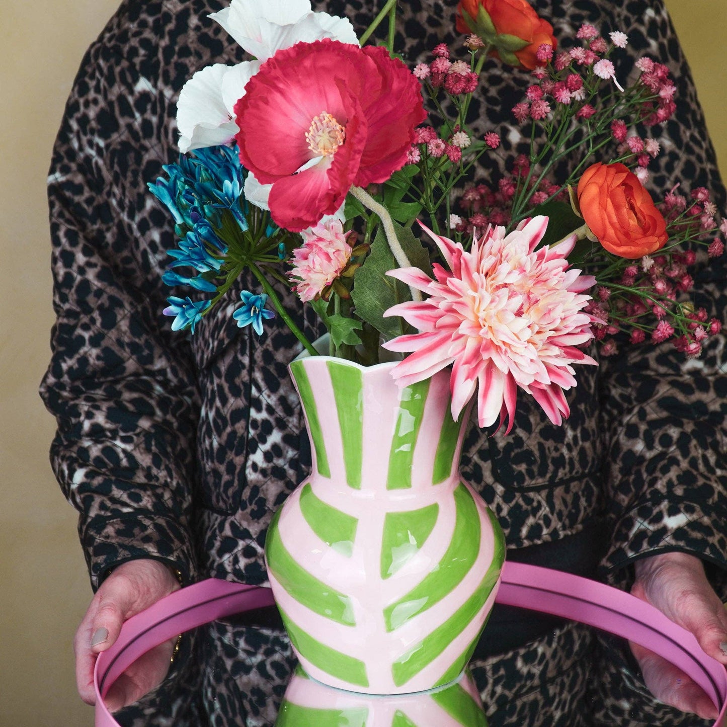 Vase - Rayures - Grès - Vert/Rose - 16x16x22cm