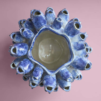 Vase banc de poissons, grès bleu, 24 x 24 x 32 cm