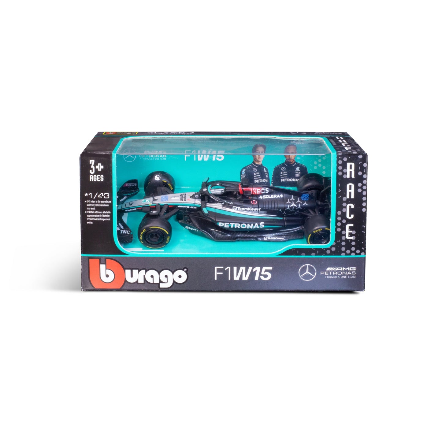 1:43 F1 MERCEDES AMG W15 2024 RUSSELL DANS UN DISTRIBUTEUR DE 12 PIÈCES