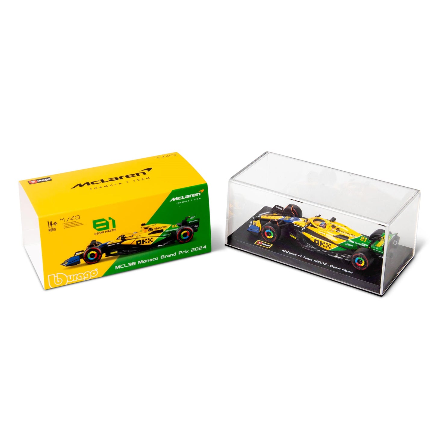 1:43 F1 MCLAREN MCL38 2024 AVEC CASQUE LIVRÉE PIASTRI SENNA