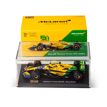 1:43 F1 MCLAREN MCL38 2024 AVEC CASQUE LIVRÉE PIASTRI SENNA
