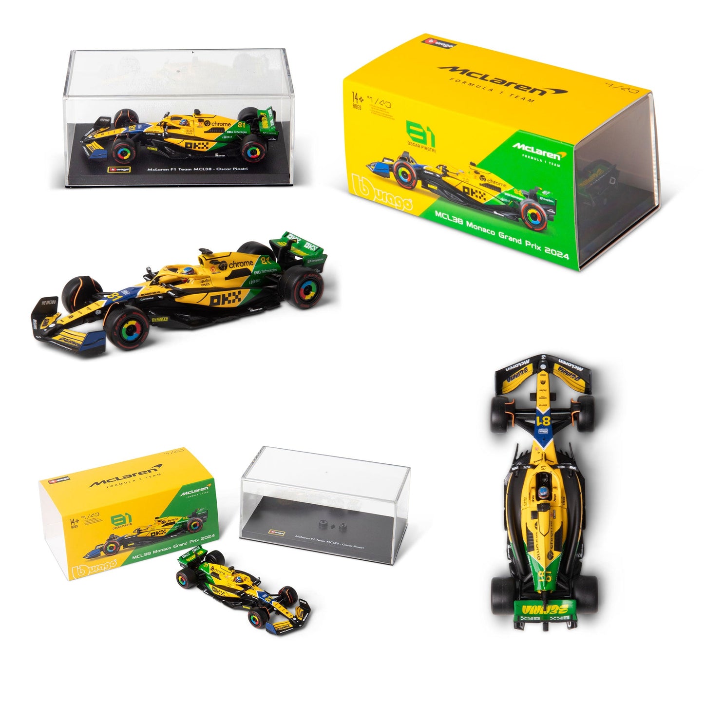 1:43 F1 MCLAREN MCL38 2024 AVEC CASQUE LIVRÉE PIASTRI SENNA