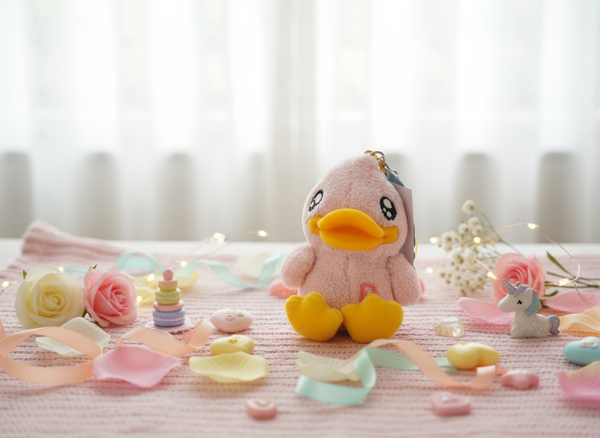 Portachiavi a forma di anatra di peluche rosa