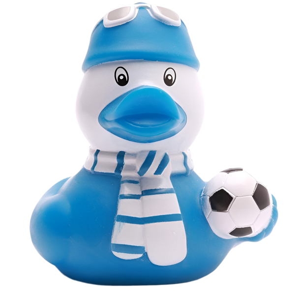 Blauwe voetbalsupporter eend