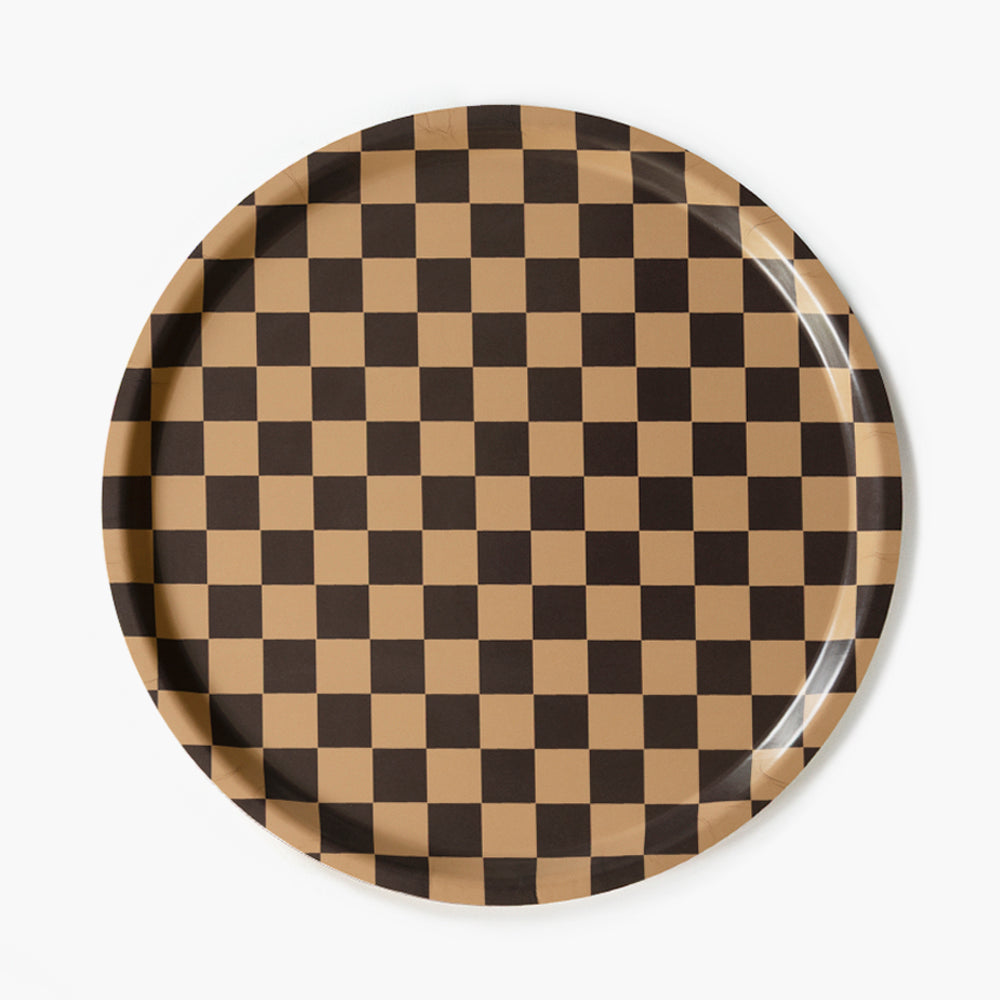 Chocolate/Gold CHECKER Round Serving Tray - 38 cm