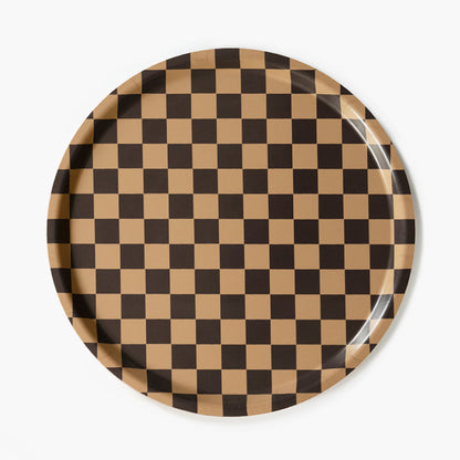 Chocolate/Gold CHECKER Round Serving Tray - 38 cm