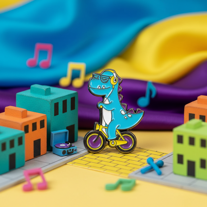 Pin de T-rex en bicicleta