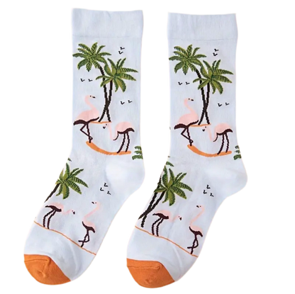 chaussettes flamants roses palmiers