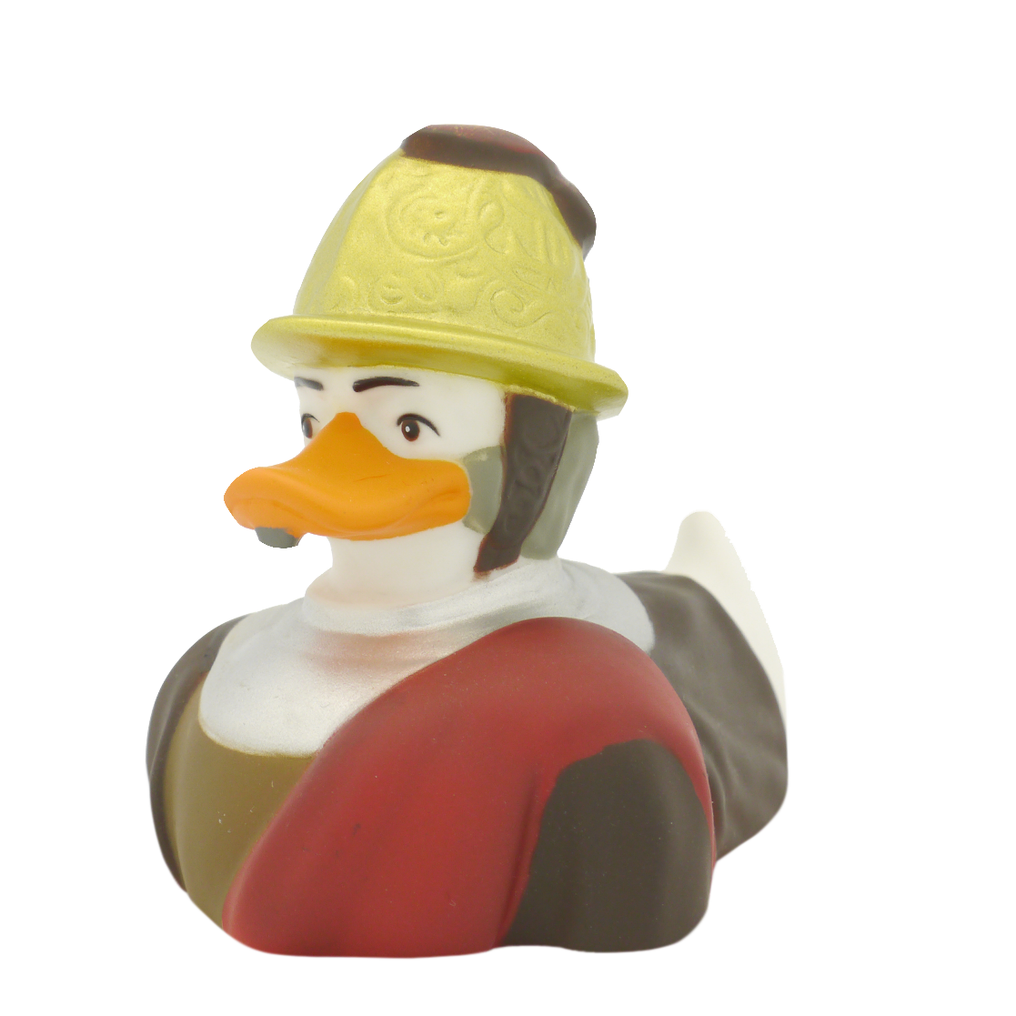 Homem de pato no capacete dourado