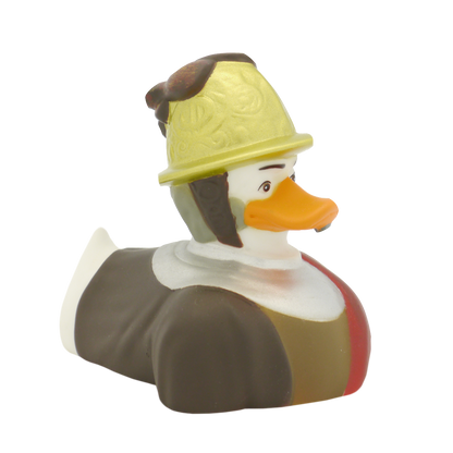 Homem de pato no capacete dourado