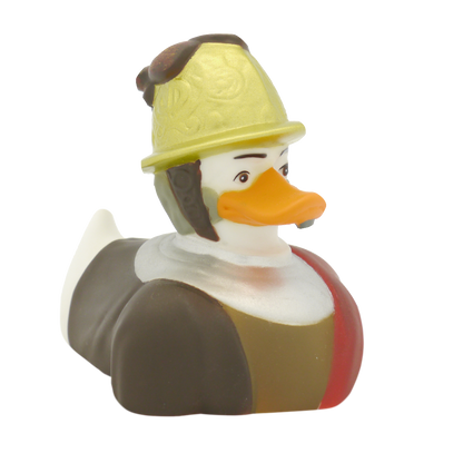 Homem de pato no capacete dourado