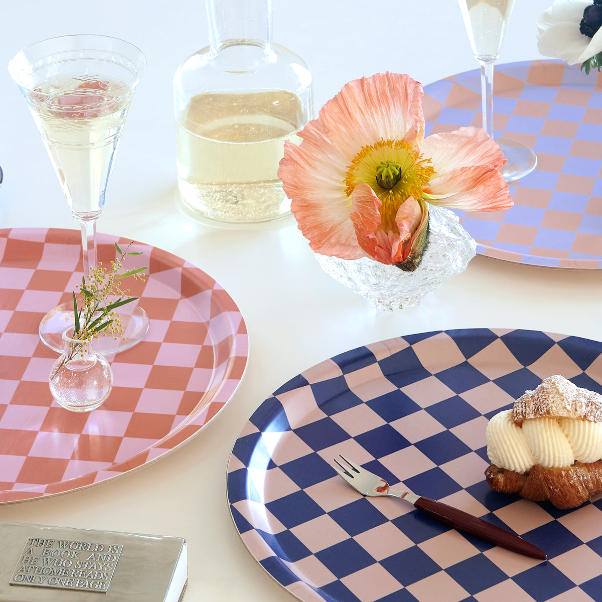 Indigo/Almond CHECKER Round Serving Tray - 31 cm