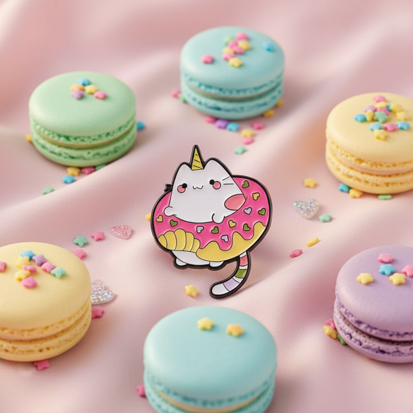 Spilla a forma di ciambella con gatto unicorno