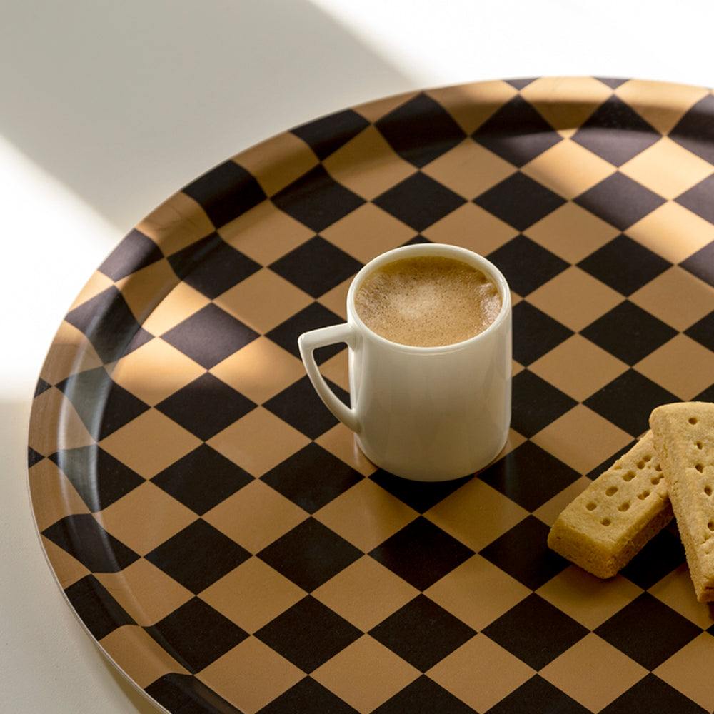 Chocolate/Gold CHECKER Round Serving Tray - 38 cm