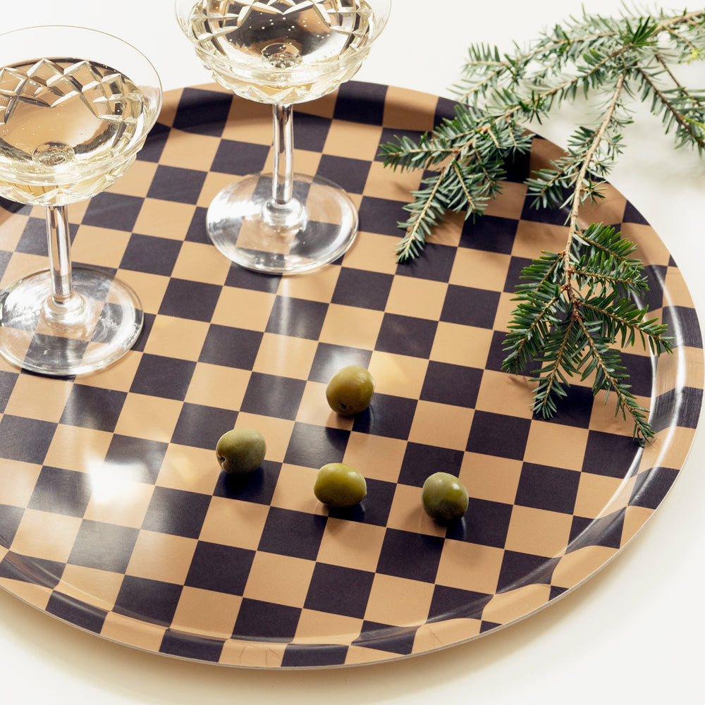 Chocolate/Gold CHECKER Round Serving Tray - 38 cm