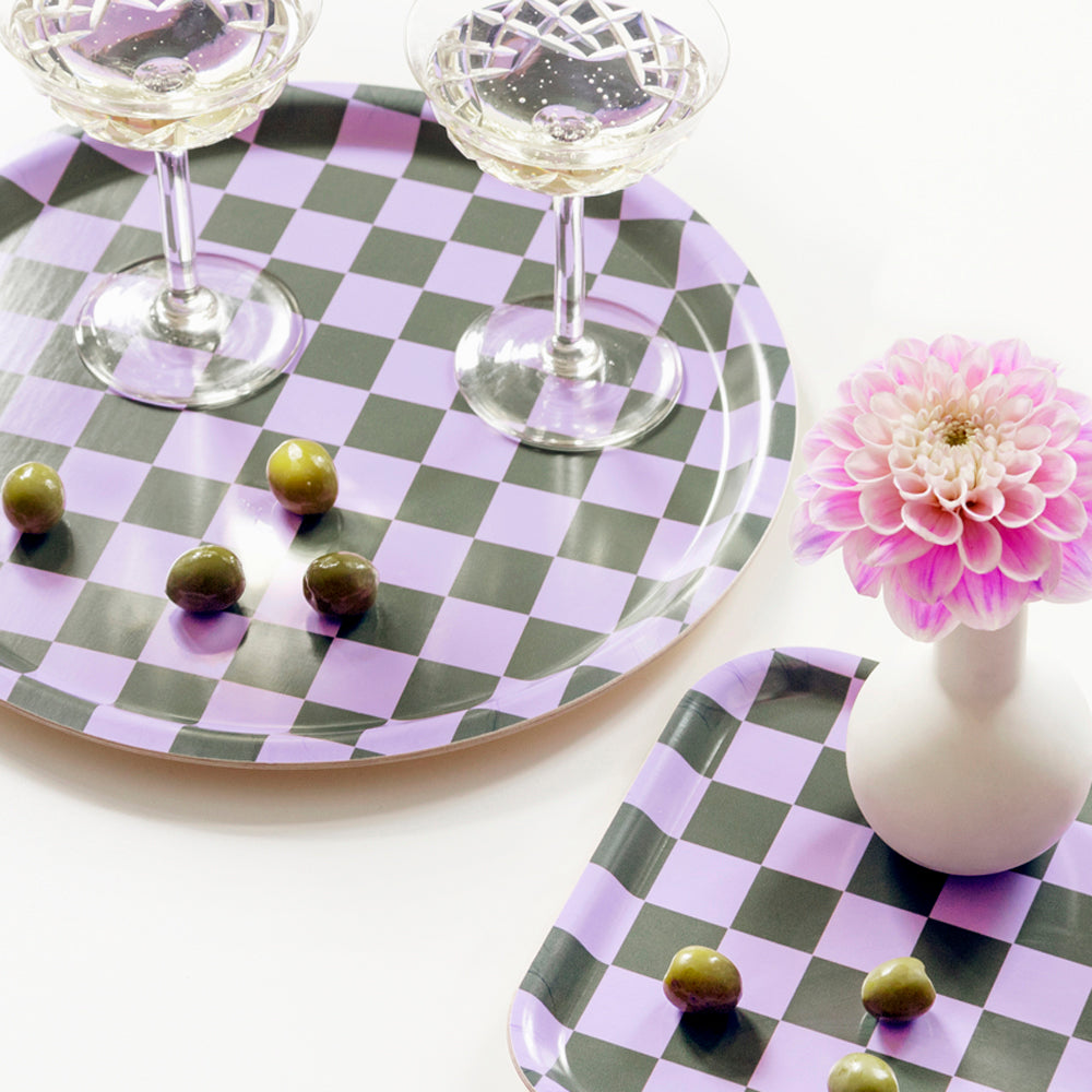 Lilac/Olive CHECKER Round Serving Tray - 31 cm
