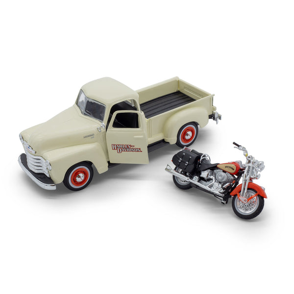 1:24 HARLEY DAVIDSON CHEVROLET 3100 PICKUP AVEC FLSTS HERITAGE SPRINGER CHEVY