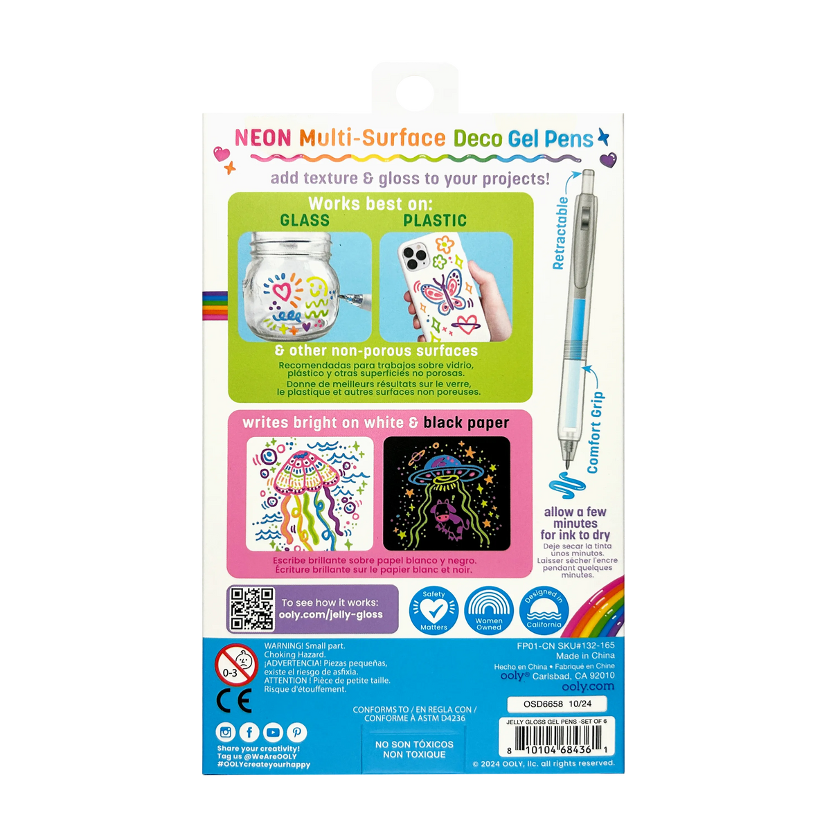 Stylos gel décoratifs en relief Jelly Gloss Néon – Lot de 6 – OOLY