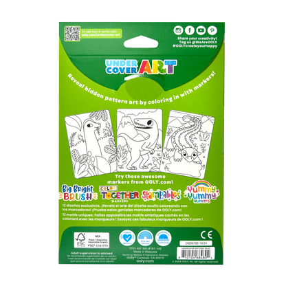 Cartes de coloriage à motifs cachés Undercover Art Dinosaures – Lot de 12 – OOLY
