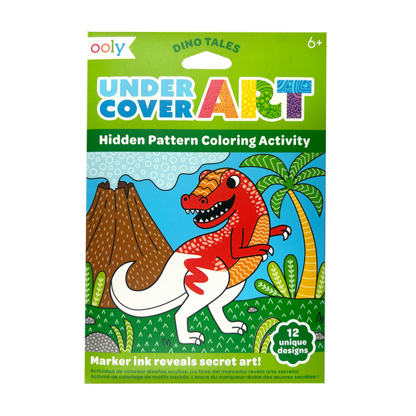 Cartes de coloriage à motifs cachés Undercover Art Dinosaures – Lot de 12 – OOLY