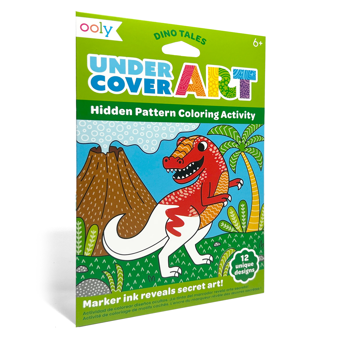 Cartes de coloriage à motifs cachés Undercover Art Dinosaures – Lot de 12 – OOLY
