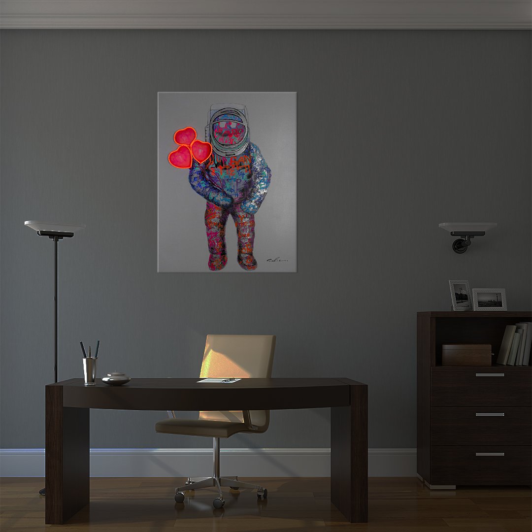 'Spaceman Hearts' Wall Artwork with LED Neon - STANDARD
