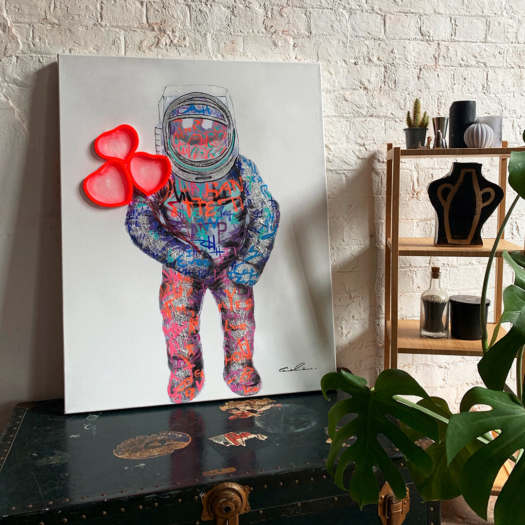 'Spaceman Hearts' Wall Artwork with LED Neon - STANDARD