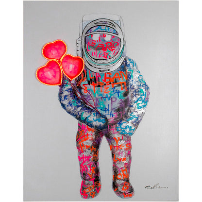'Spaceman Hearts' Wall Artwork with LED Neon - SMALL
