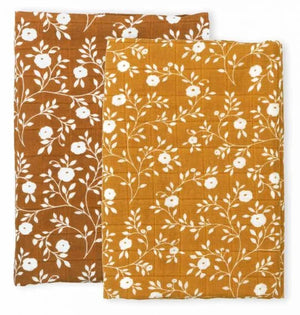 Set van 2 Biologisch Katoenen Hydrofiele Doeken – Fleurs Caramel