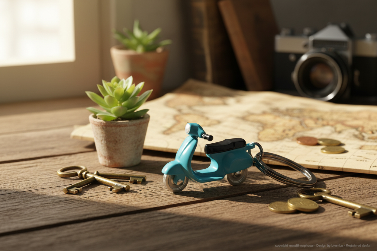 Blue retro scooter key door