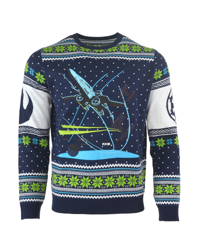 Kersttrui met X-Wing-thema en de Slag om Yavin