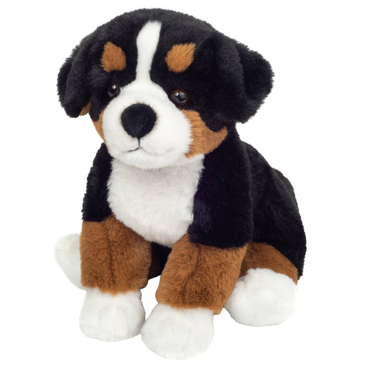 Pluche knuffel van een zittende Berner Sennenhond