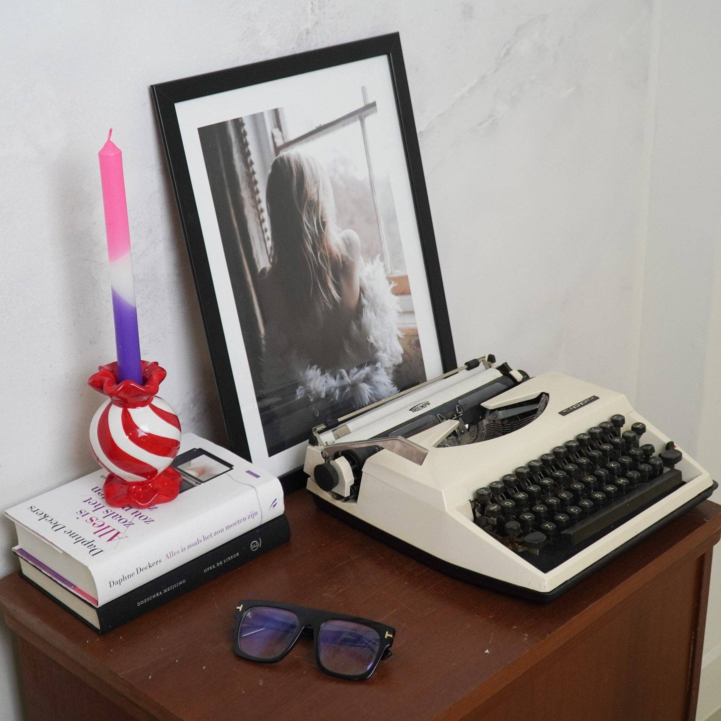 Bougeoir - Bonbon Toffee - Rouge/Blanc - 8,5x8,5x13 cm