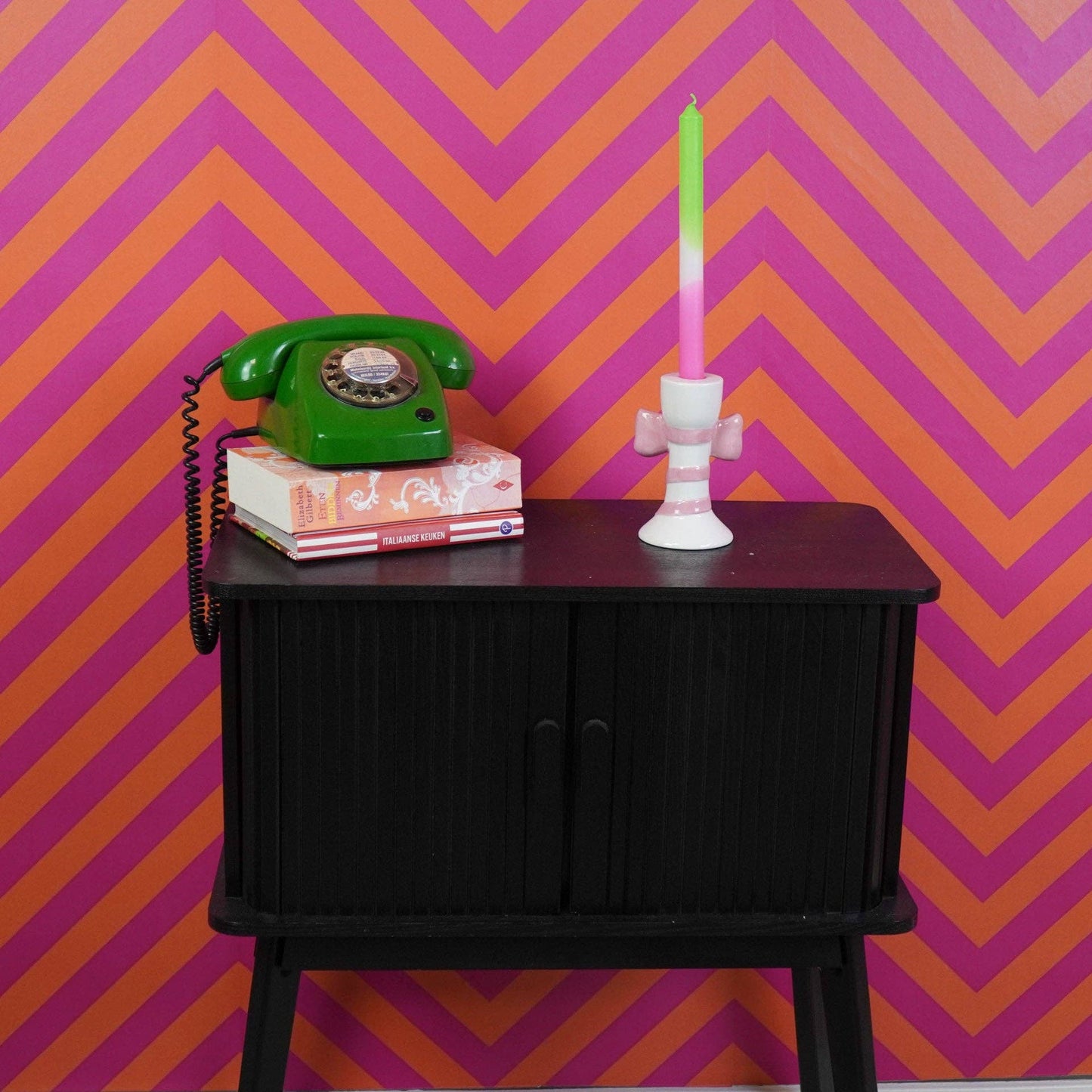 Candelabro - Rayas con lazo - Blanco/Rosa - 9x8x14cm