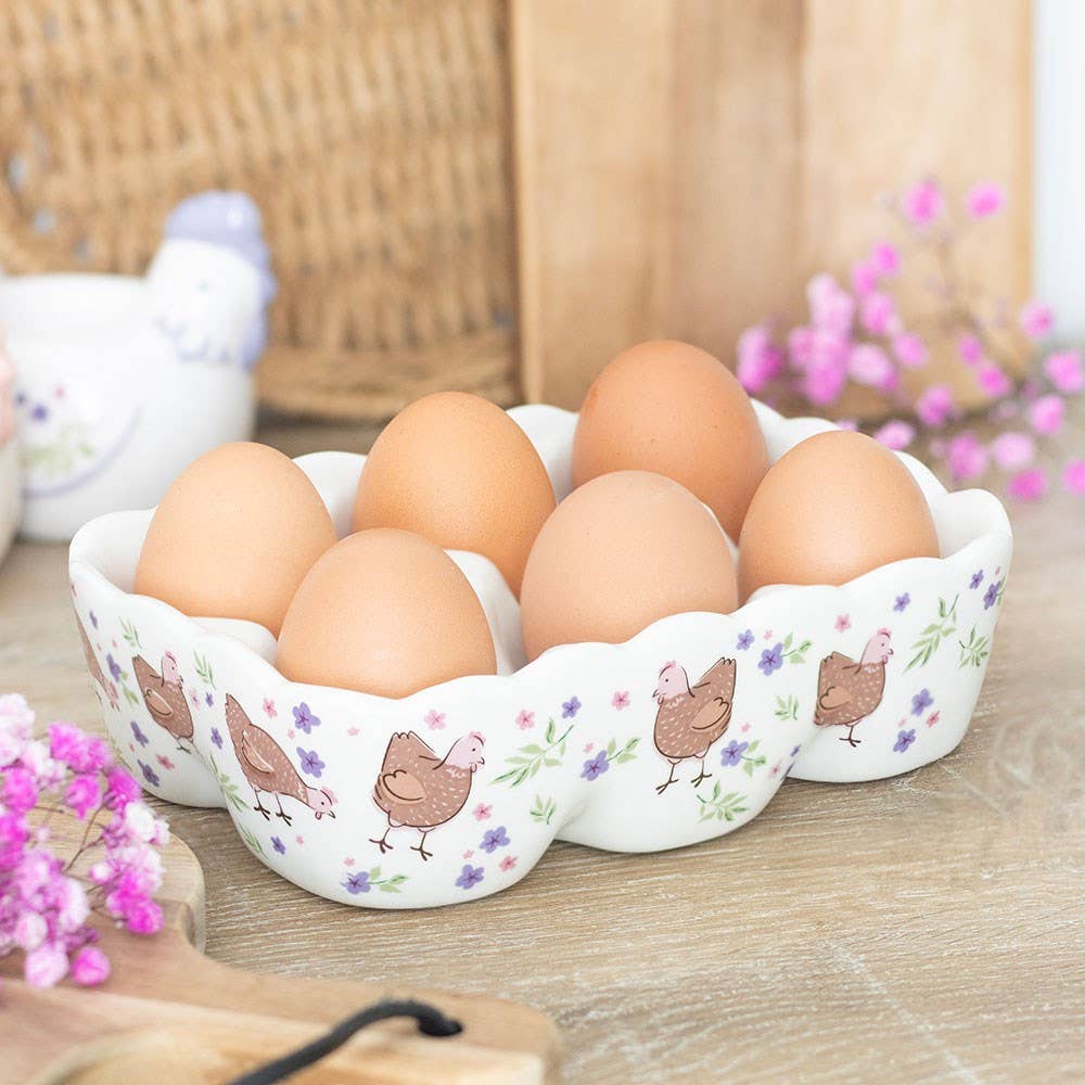 Porte-œufs en Céramique avec Motif Poule Florale