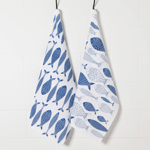 Set di 2 strofinacci Floursack blu royal con motivo a pesci
