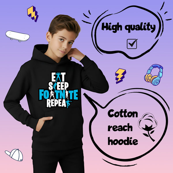 Sweat à capuche gymnastique – Fringoo gaming noir for Boys Cotton Rich Soft Hooded – Eat Fortnite noir
