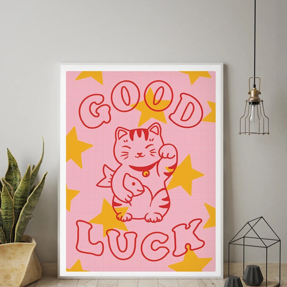 Gelukskat kunstprint, veel geluk!