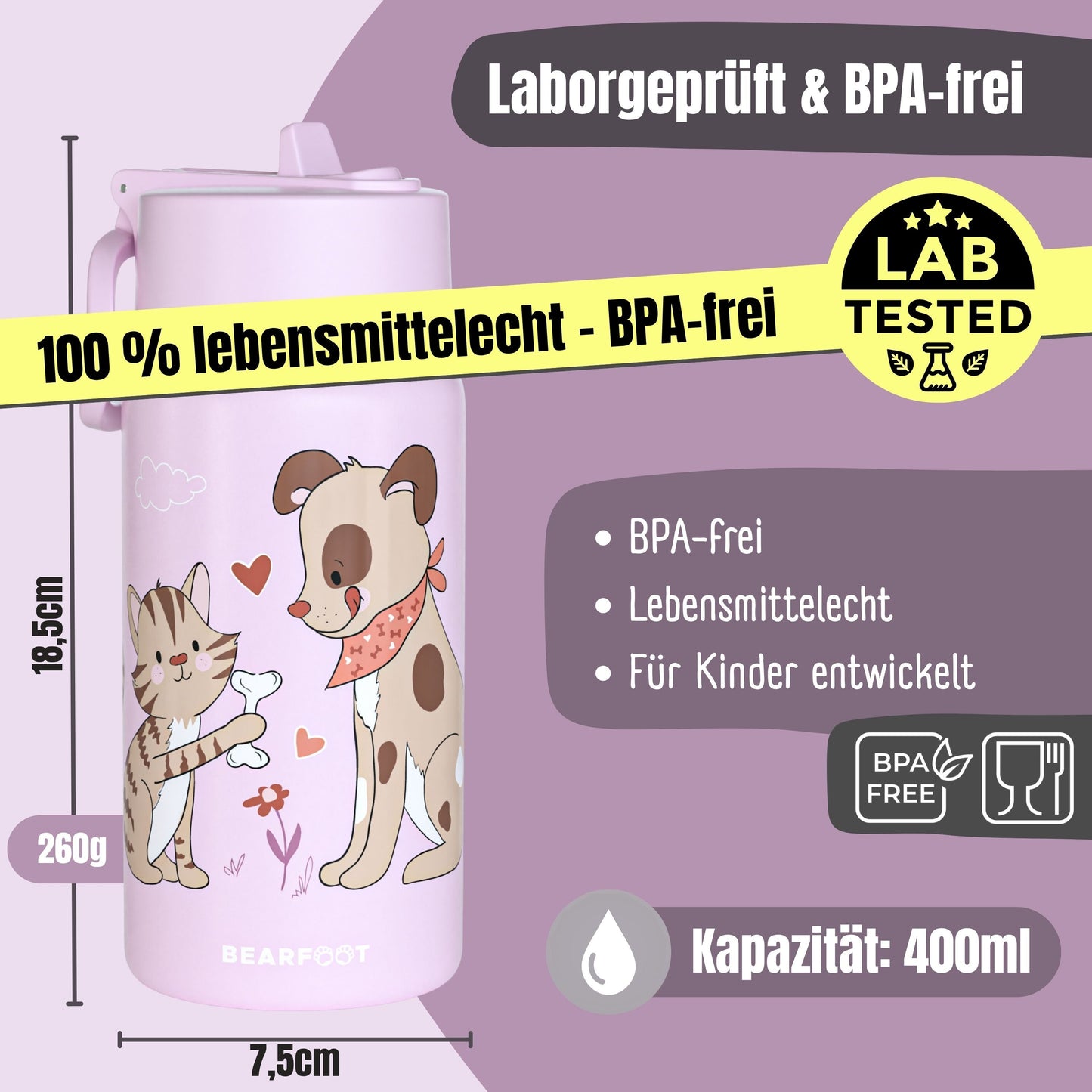 Thermo Kinder Trinkflasche Edelstahl - Hund&Katze lila