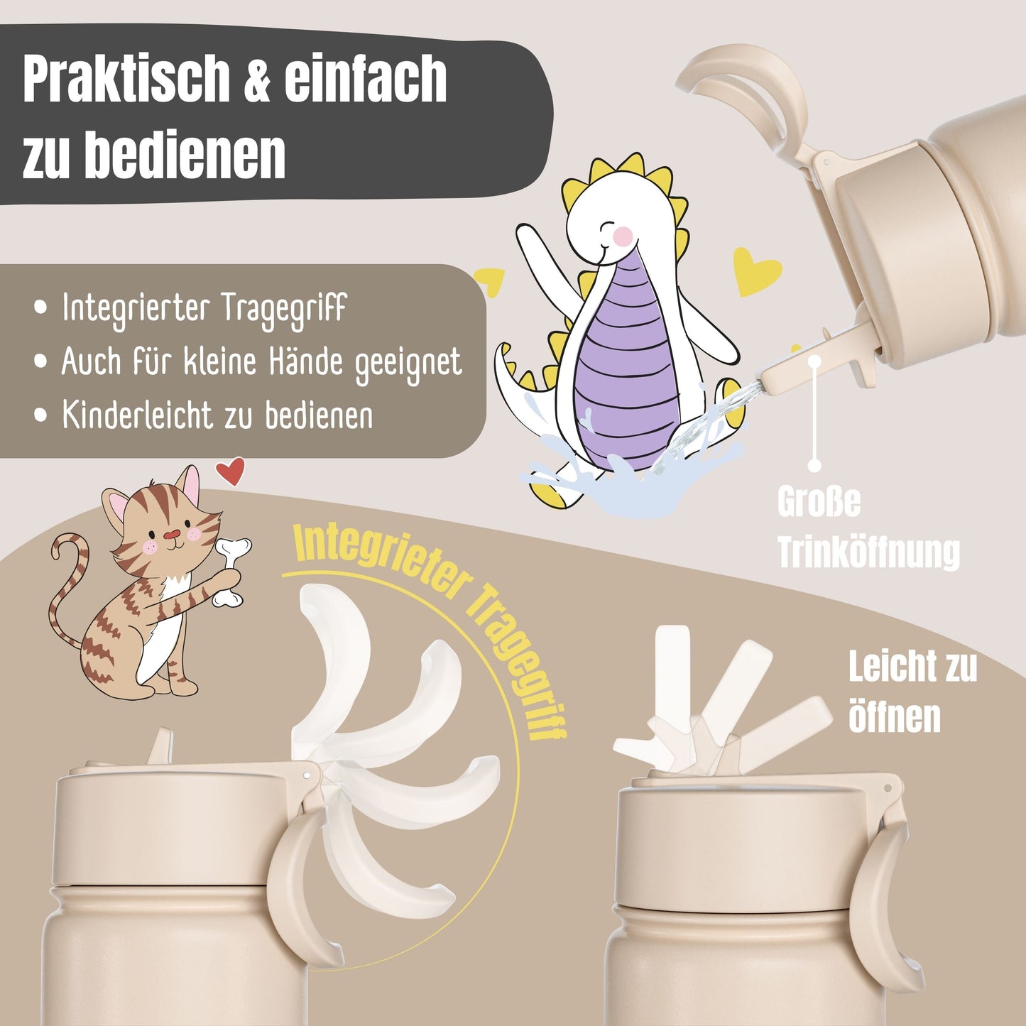 Thermo Kinder Trinkflasche Edelstahl - Dinos braun